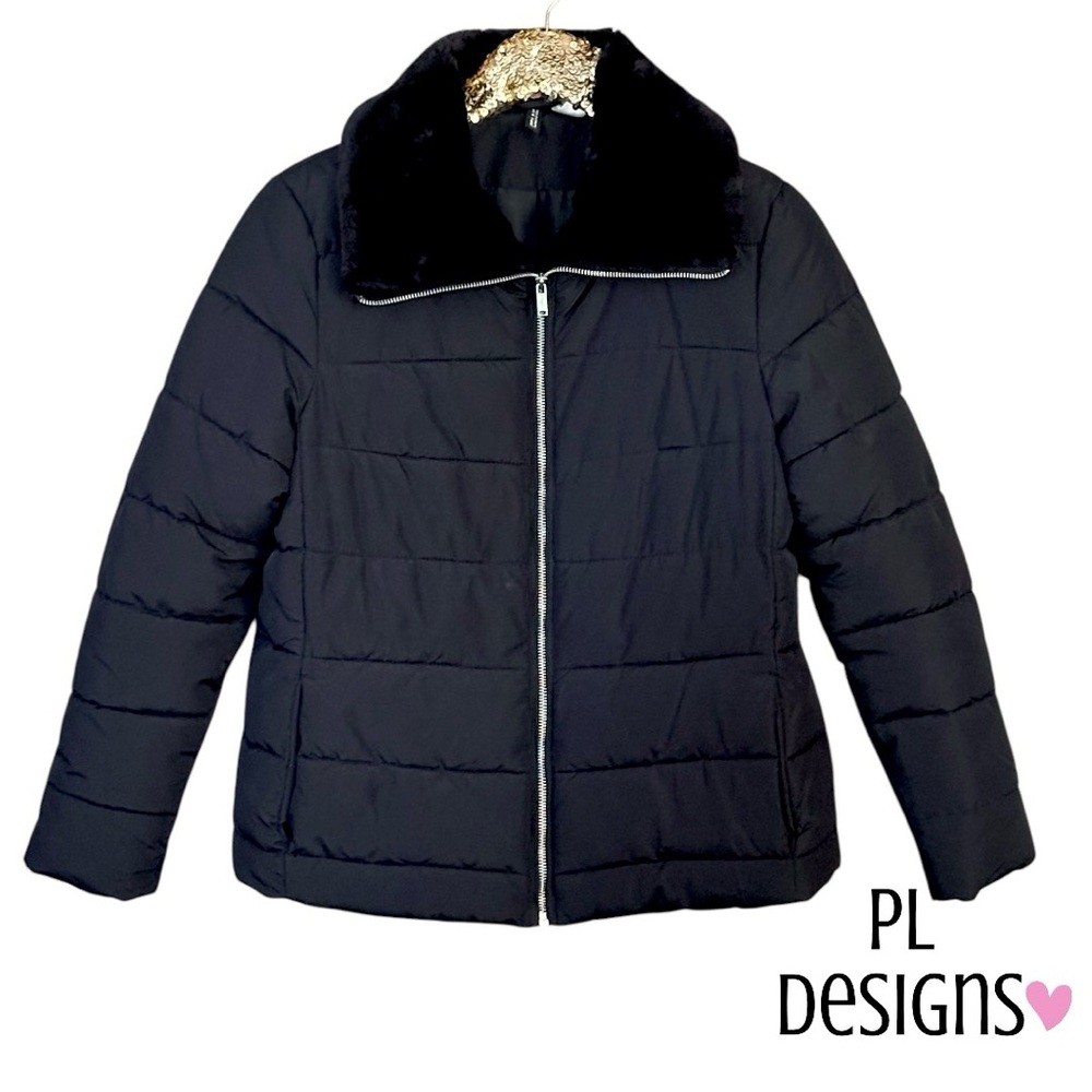 H&M Divided Puffer Jacker Black Faux Fur NWOT
